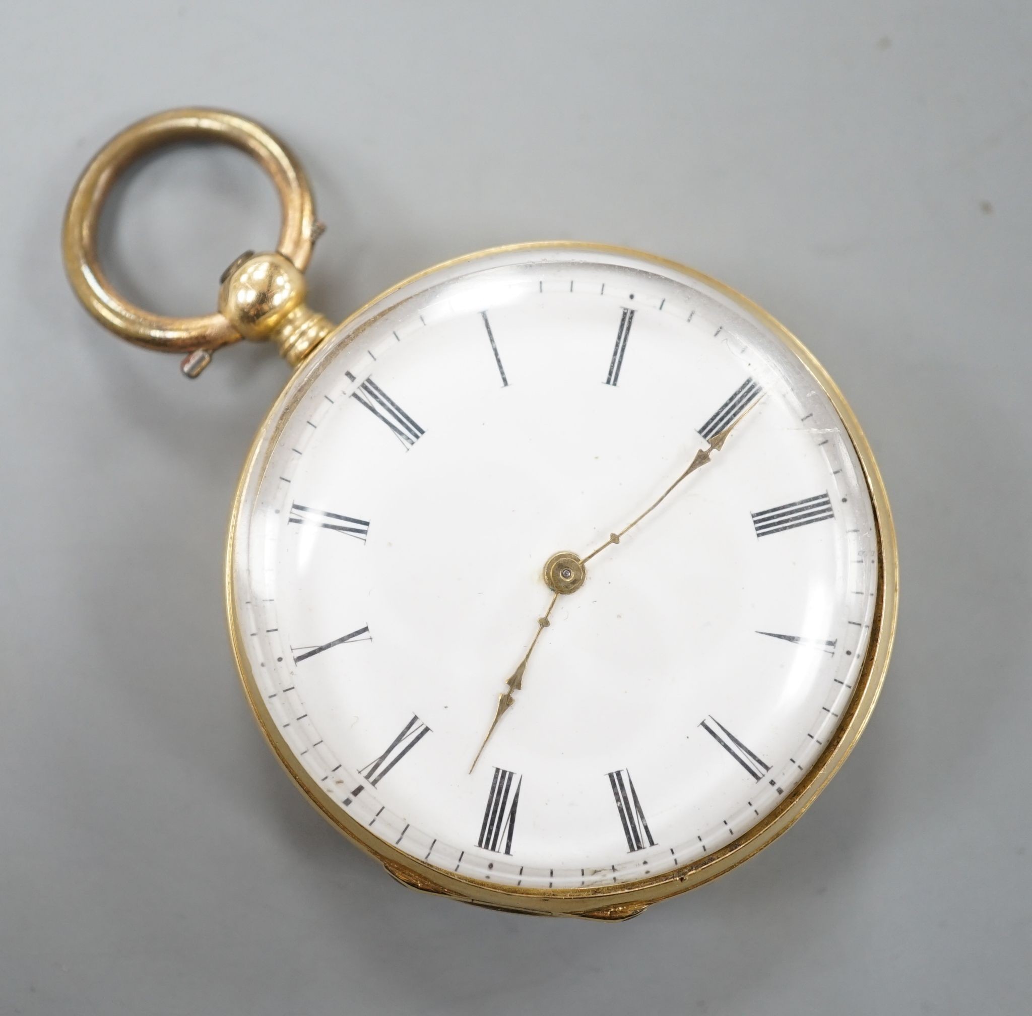 An 18k open faced keywind fob watch, with Roman dial, case diameter 33mm, gross 29.4 grams.